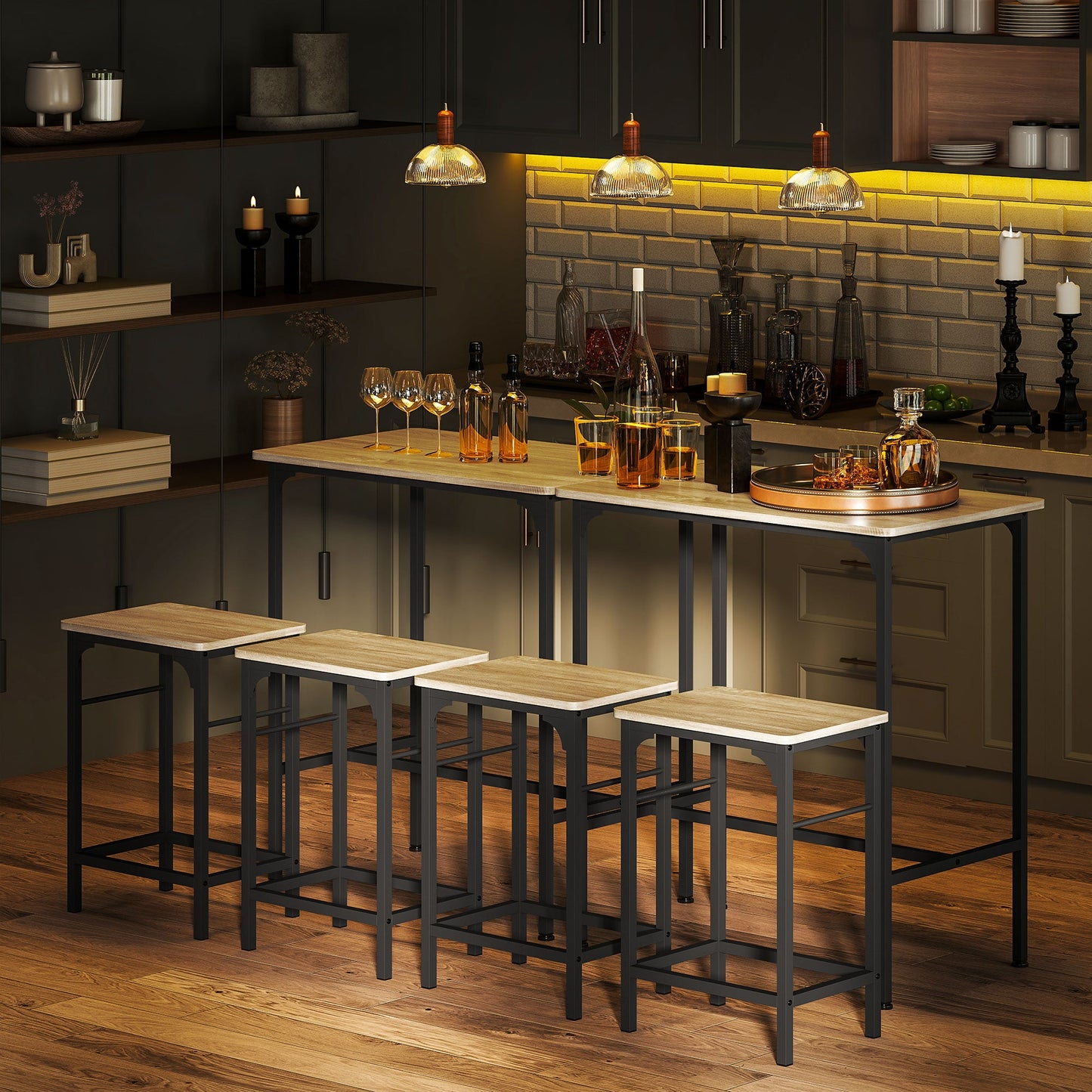 3 Piece Bar Furniture with Kitchen Table and 2 Bar Stools in Wood and Steel, Wood and Black Color