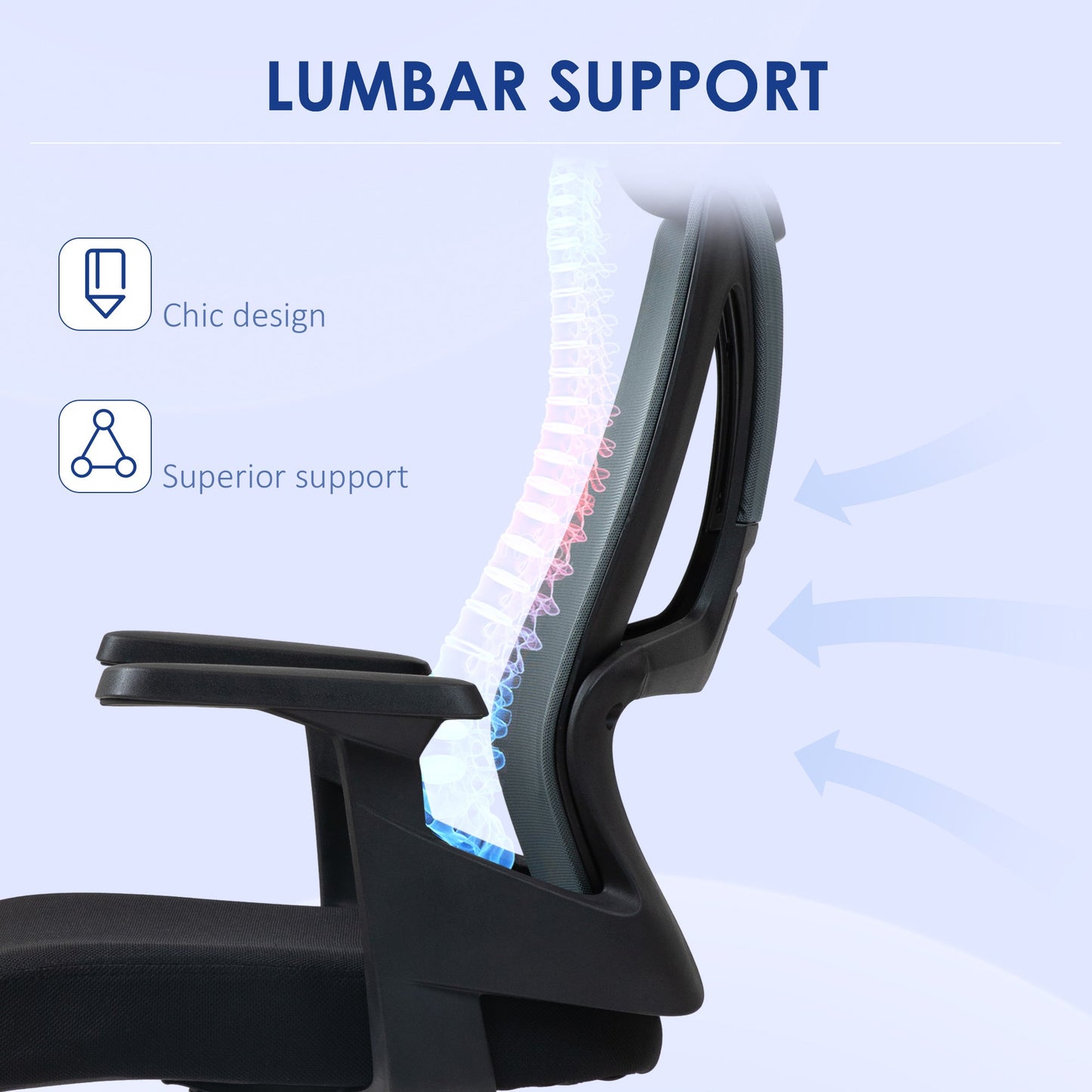 Office Chair with Lumbar Support and Headrest, Swivel Seat with Adjustable Height, Black