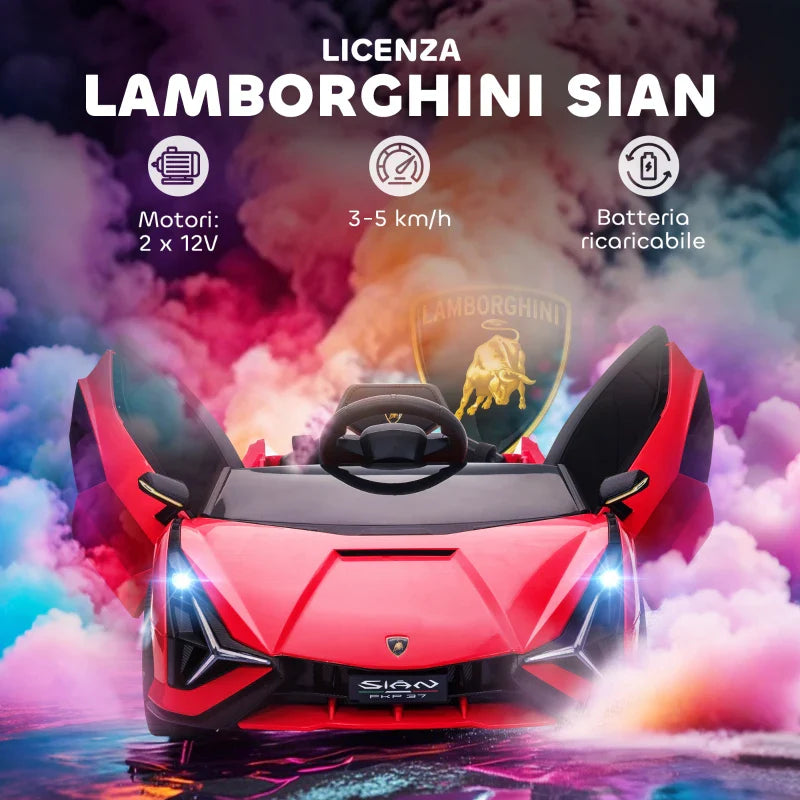 Electric Ride-On Toy Car for Kids 3-5 Years Old 12V Lamborghini SIAN, 3-5km/h Electric Car for Kids with 2 Motors, Headlights and Music, Remote Control, Seat Belt and Horn, Red