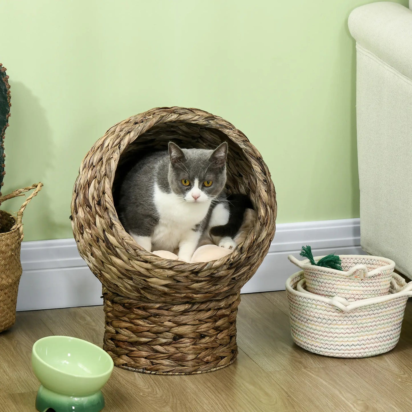 Raised Cat Bed with Cushion, Natural Banana Leaf House, Beige and Brown, 42x33x52cm
