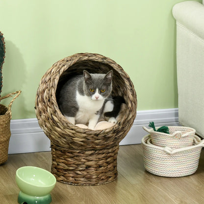 Raised Cat Bed with Cushion, Natural Banana Leaf House, Beige and Brown, 42x33x52cm