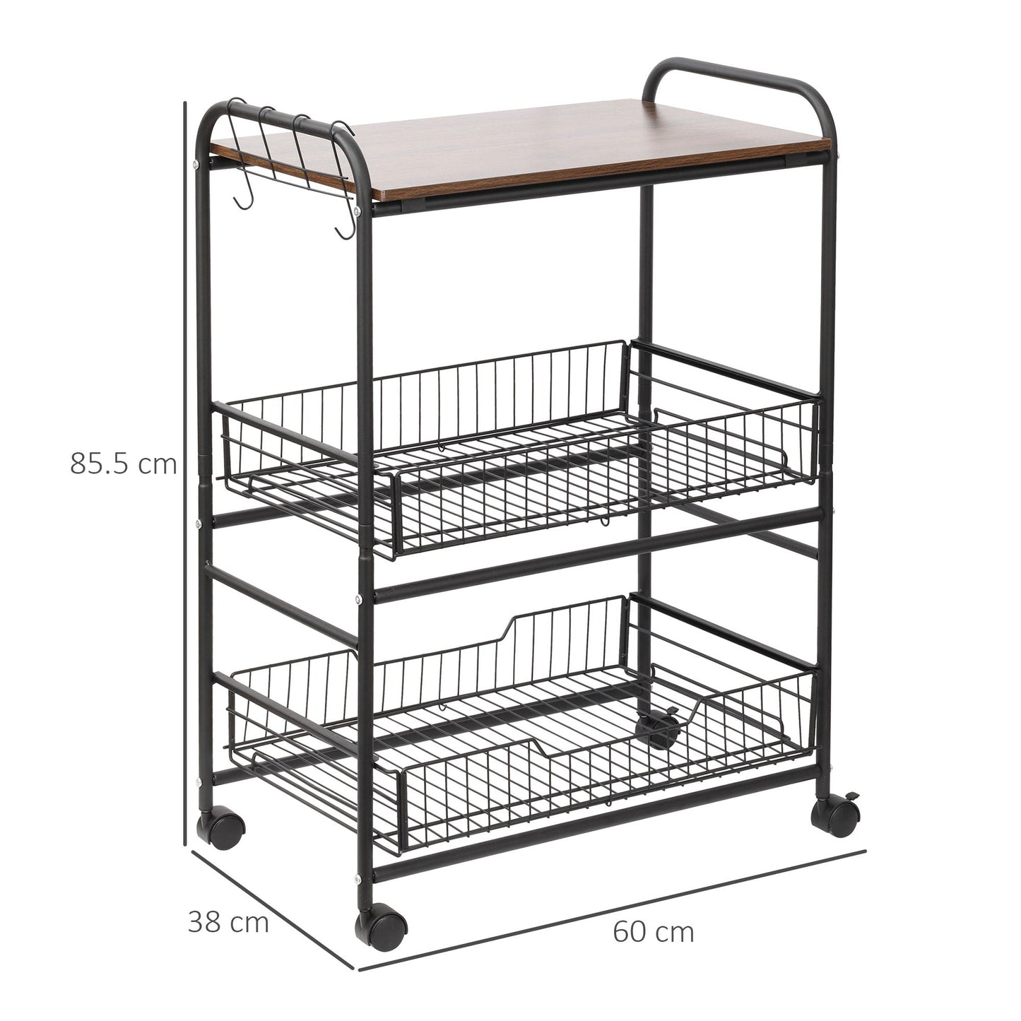 Kitchen Trolley Industrial Style spirits with 4 wheels, 2 baskets and 4 hooks, 60x38x85.5cm - brown/black