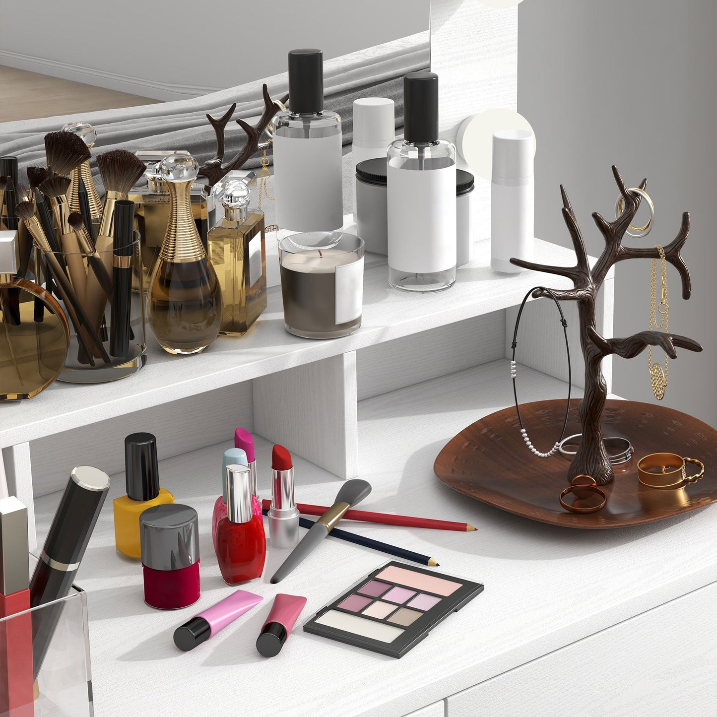 Dressing Table with Mirror and 10 Adjustable LED Lights, 2 Drawers and 3 Compartments, 80x40x135 cm, White