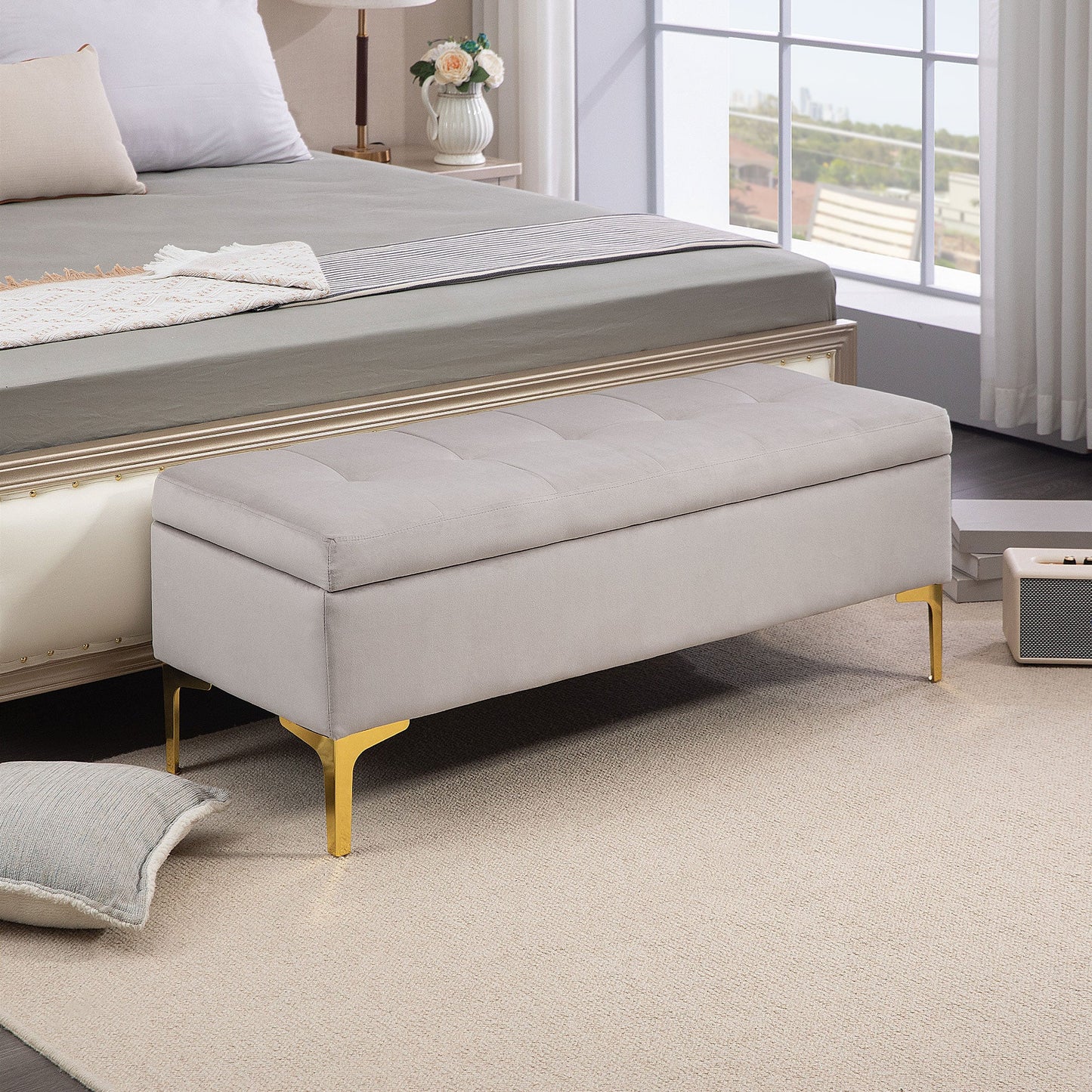 Bedside Storage Bench with Velvet Fabric and Golden Legs, 120x44x44.5cm, Light Grey