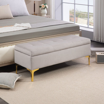 Bedside Storage Bench with Velvet Fabric and Golden Legs, 120x44x44.5cm, Light Grey