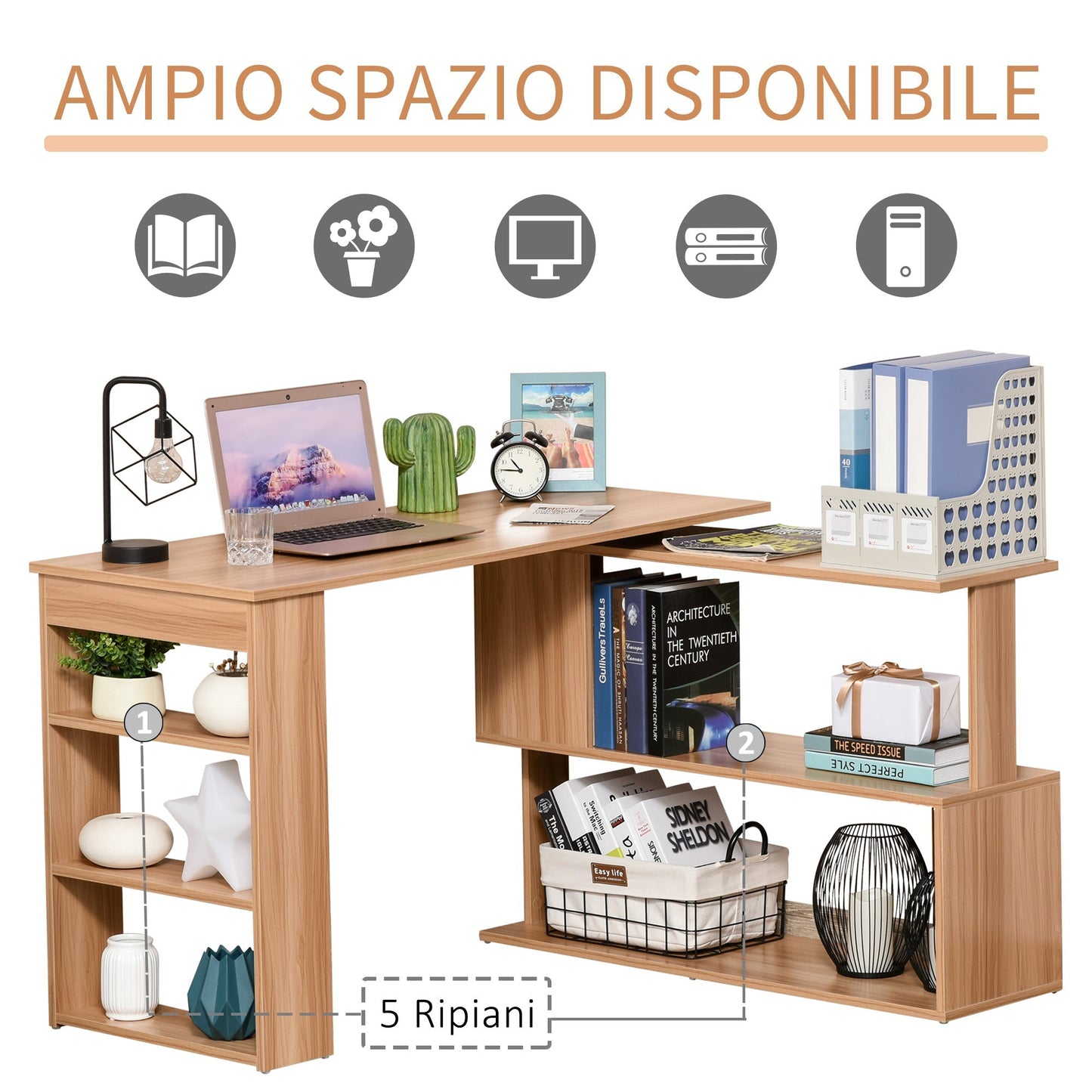 Multi -exposure angle desk with 5 shelves, wood, 120x110x74.5cm