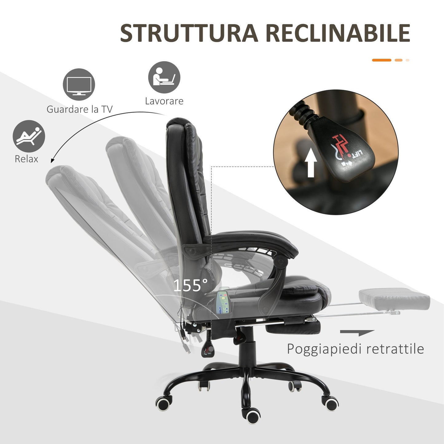 Office Chair with 7 Vibrating Points, Footrest and 155° Reclining Backrest, Black