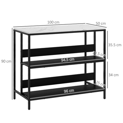 Kitchen Island with Shelves, Marble Effect Top and Metal Frame, 100x50x90cm, Black and White