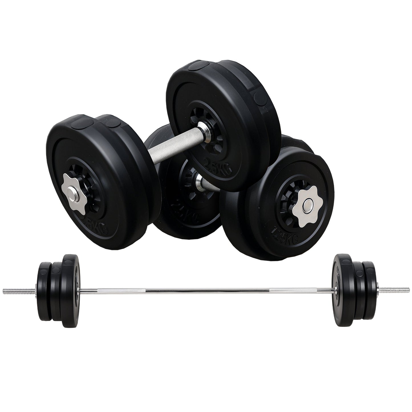 65kg Barbell and Disc Set with 2 Dumbbells, Gym Barbell Dumbbells with 14 Steel and Plastic Discs