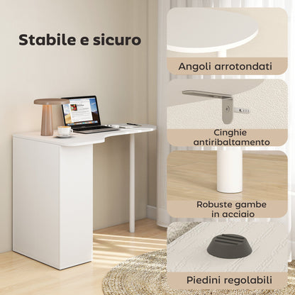 Curved Bedroom Desk with 6 Shelves and 4 Adjustable Shelves, Steel and Wood, 100x59x75.5 cm, White