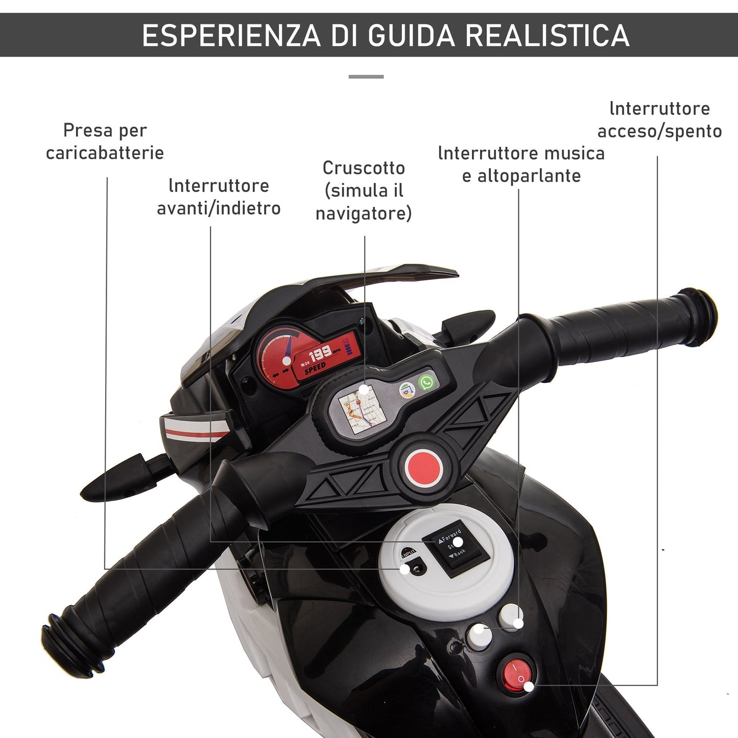 Electric Motorcycle for Children 3-5 Years Max. 25kg with Lights, Music, 6V Battery and 3km/h Speed, 86cm x 42cm x 52cm Black