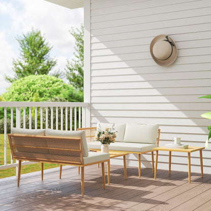 PE Rattan Outdoor Lounge Set with 2 2-Seater Sofas with Cushions and 2 Coffee Tables, Wood Color