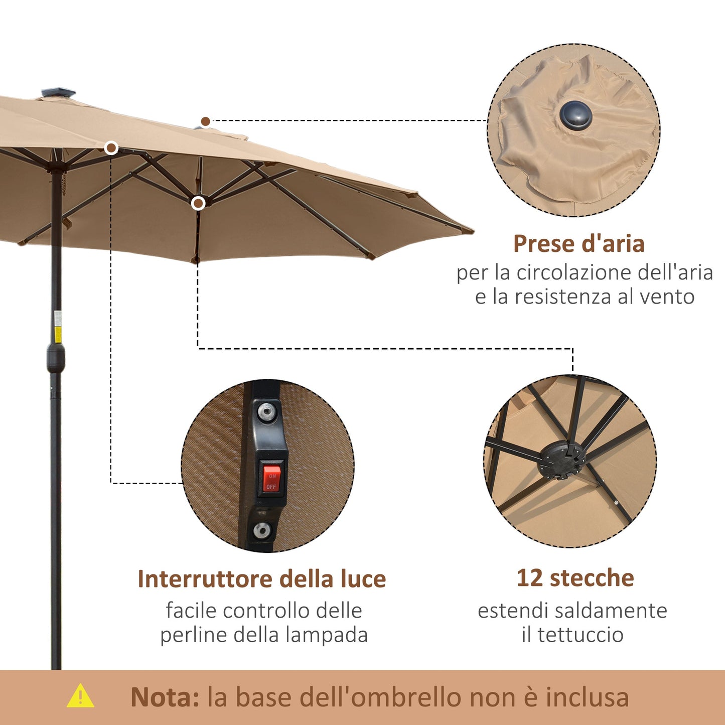 Double Garden Umbrella |  4.5m with 48 LED lights and Crank