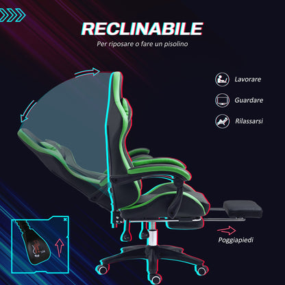 Gaming Chair with Adjustable Height and Reclining Backrest, 65x65x121-129 cm, Black and Green