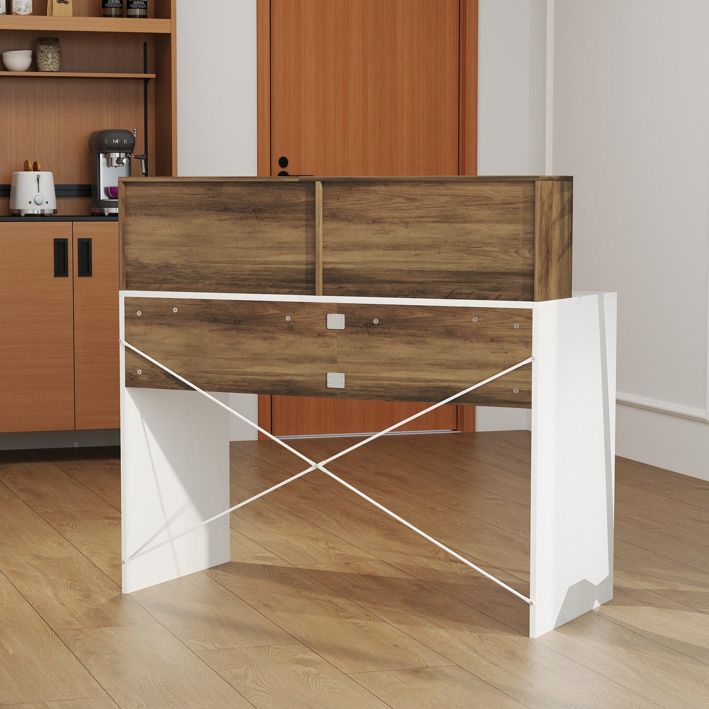 Modern PC Desk with Raised Top and 2 Shelves, in Chipboard, 110x50x102.6 cm, White, Brown and Walnut
