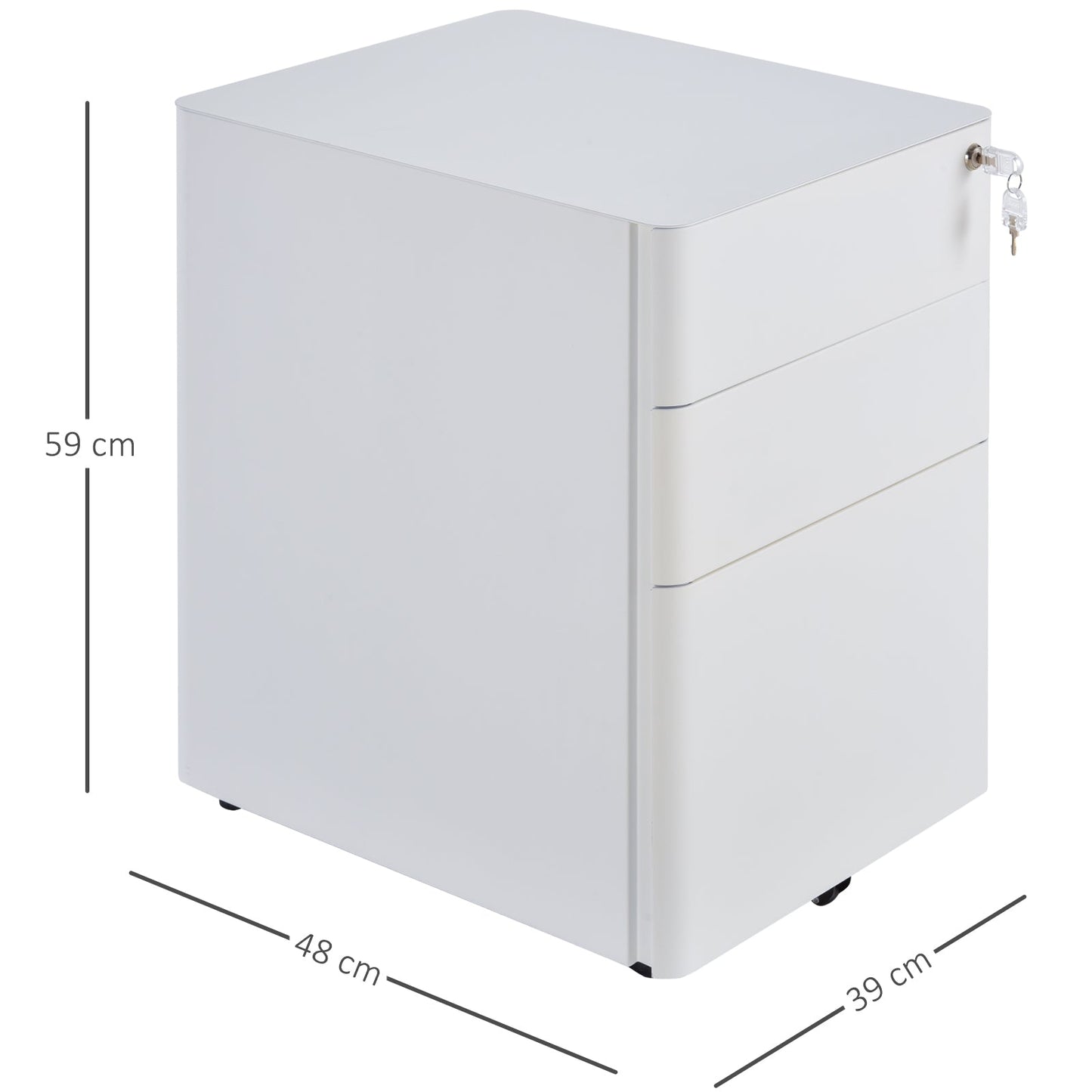 Office Chest 3 Steel Drawers with Lock and Wheels, 39x48x59cm, White