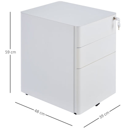 Office Chest 3 Steel Drawers with Lock and Wheels, 39x48x59cm, White