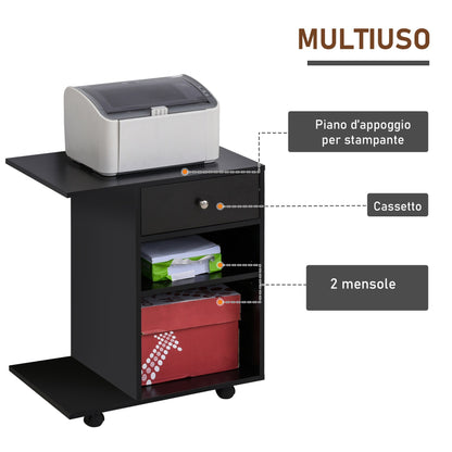 Printer Stand in Black Wood with 1 Drawer, 2 Shelves and CPU Shelf, for Office 60x40x68.5cm