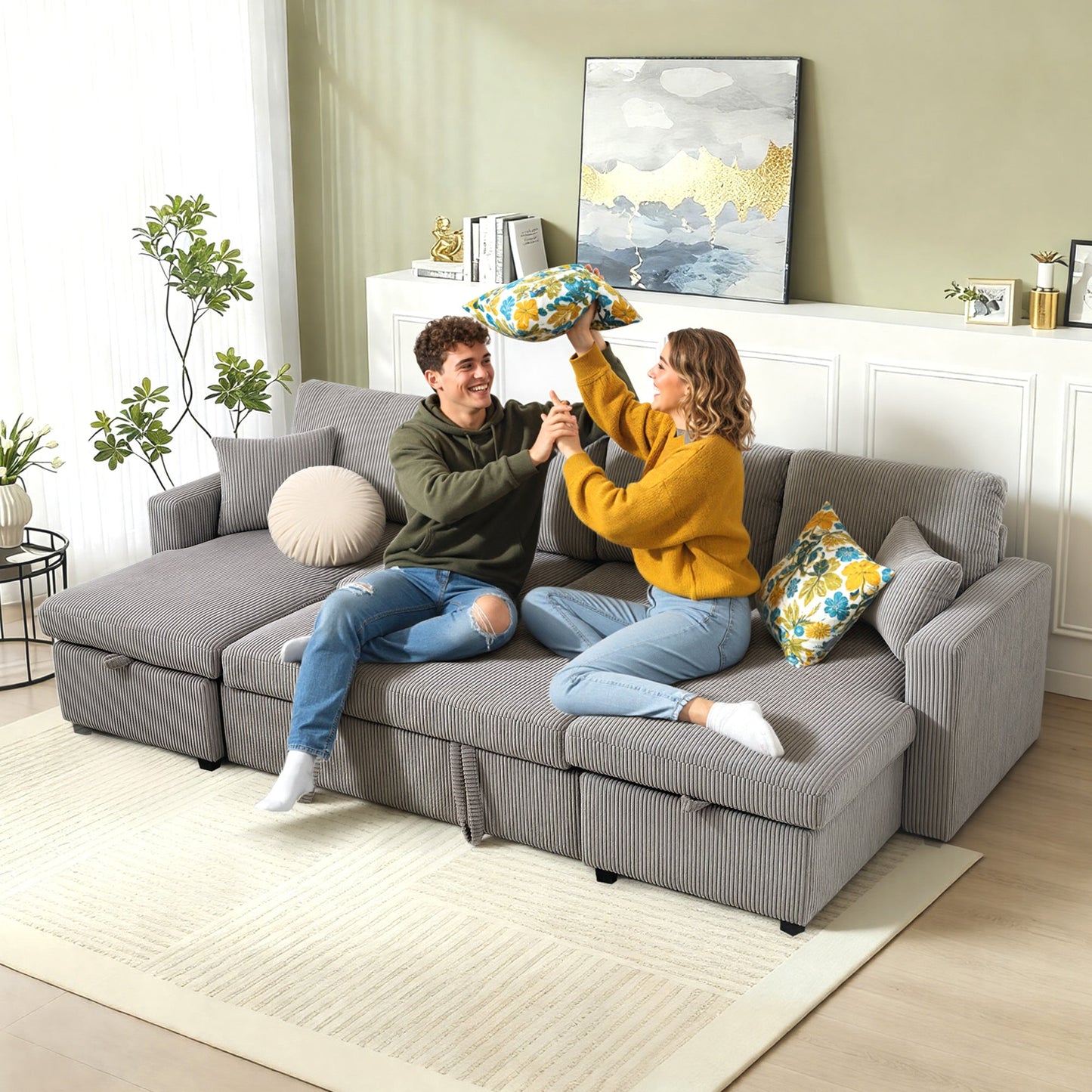 Modern U-Shaped Sofa Bed with 2 Chaise Longues and Storage Compartments, Corduroy, 282x140x86 cm, Grey