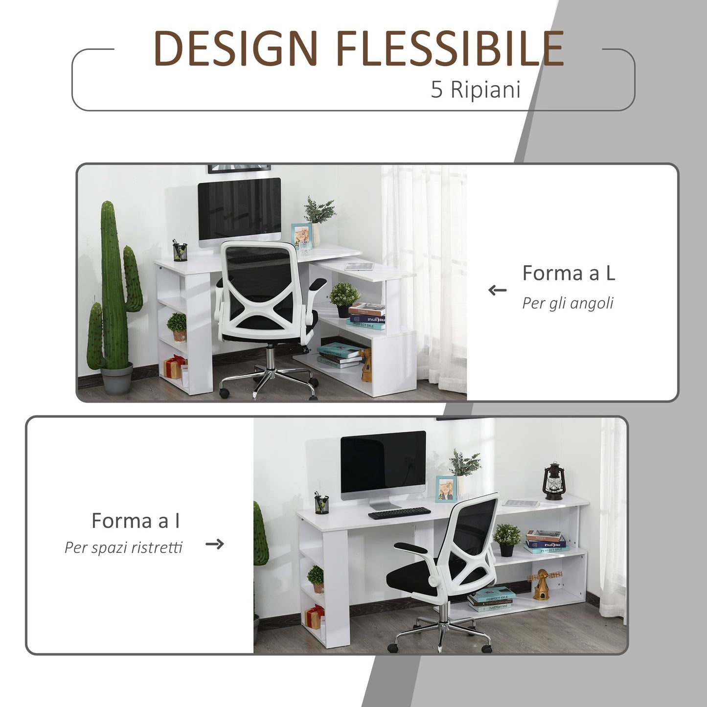corner desk with 5 white shelves 120 x 100 x 74.5cm