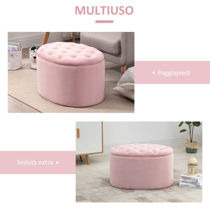 Oval Storage Ottoman Padded and Quilted Velvet, 71x52x42cm, Pink