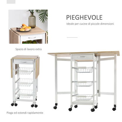 Kitchen Trolley with 3 Baskets, Drawer and Flaps, 6 Swivel Wheels, in MDF and Metal, 37x37x77.5cm, White and Wood