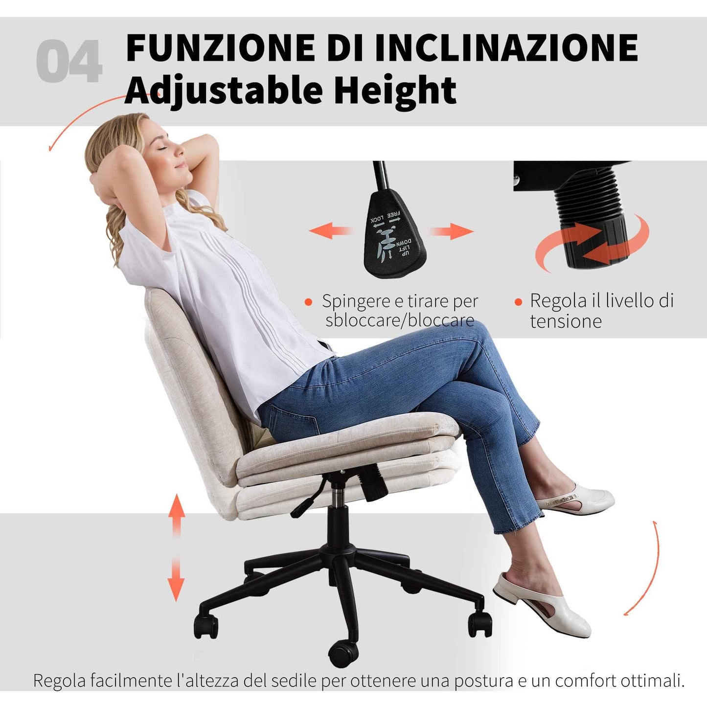 Adjustable Office Chair, Tilting and Swivel, Chenille Fabric and Steel, 62x67x83-93 cm, Beige