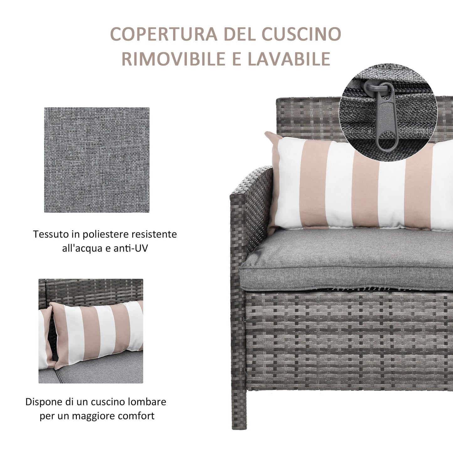 3 Seater Outdoor Sofa in Rattan (PE) with Padded and Removable Cushions, Garden/Terrace, 173x68x78cm