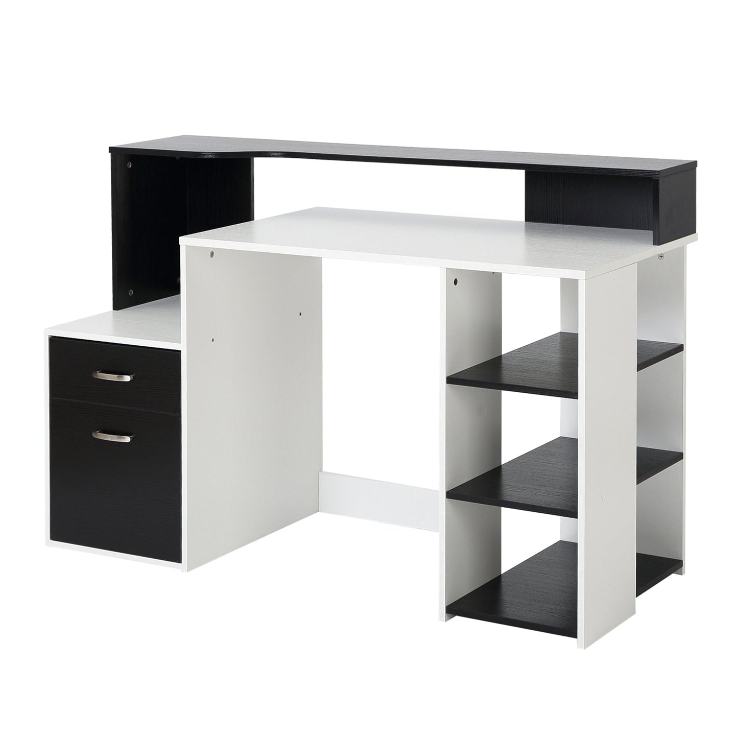 Office Desk with Printer Shelf, 2 Drawers and 3 Shelves, in Black and White MDF, 137 x 55 x 92cm