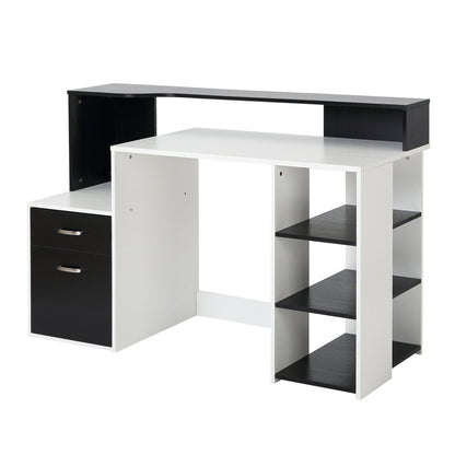 Office Desk with Printer Shelf, 2 Drawers and 3 Shelves, in Black and White MDF, 137 x 55 x 92cm