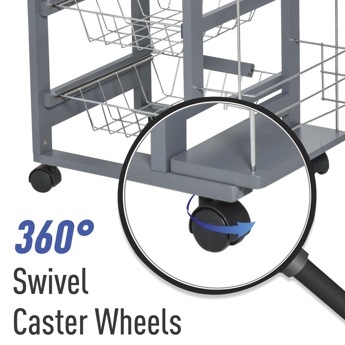 kitchen trolley in dark Grey with 1 drawer and 4 metal baskets