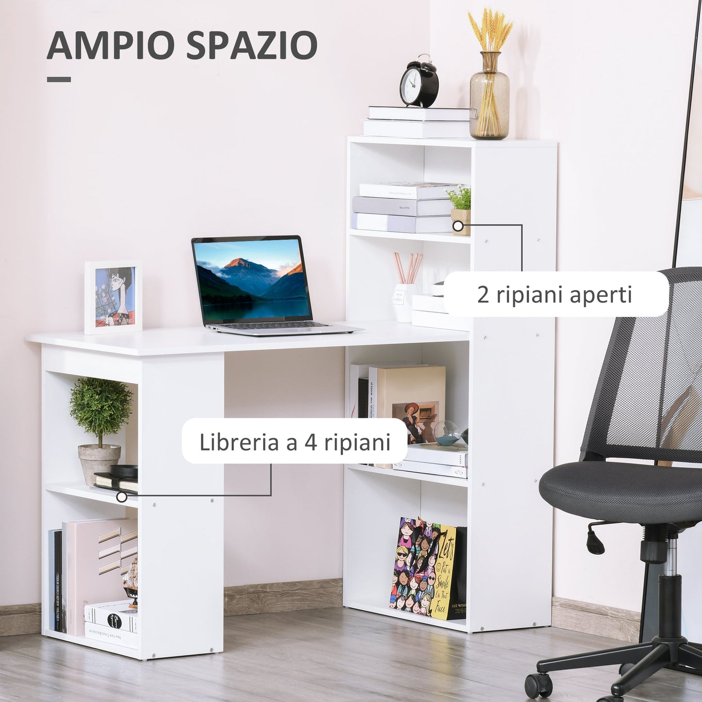 Space-Saving Computer Desk with Bookshelf, Dining Table for Office and Study, 120x55x120 cm, White