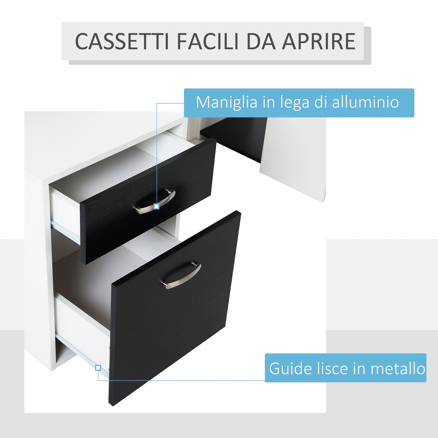 Office Desk with Printer Shelf, 2 Drawers and 3 Shelves, in Black and White MDF, 137 x 55 x 92cm