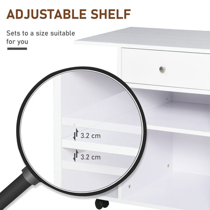 Wooden Printer Cabinet with 4 Wheels, Adjustable Shelf and CPU Tray, White