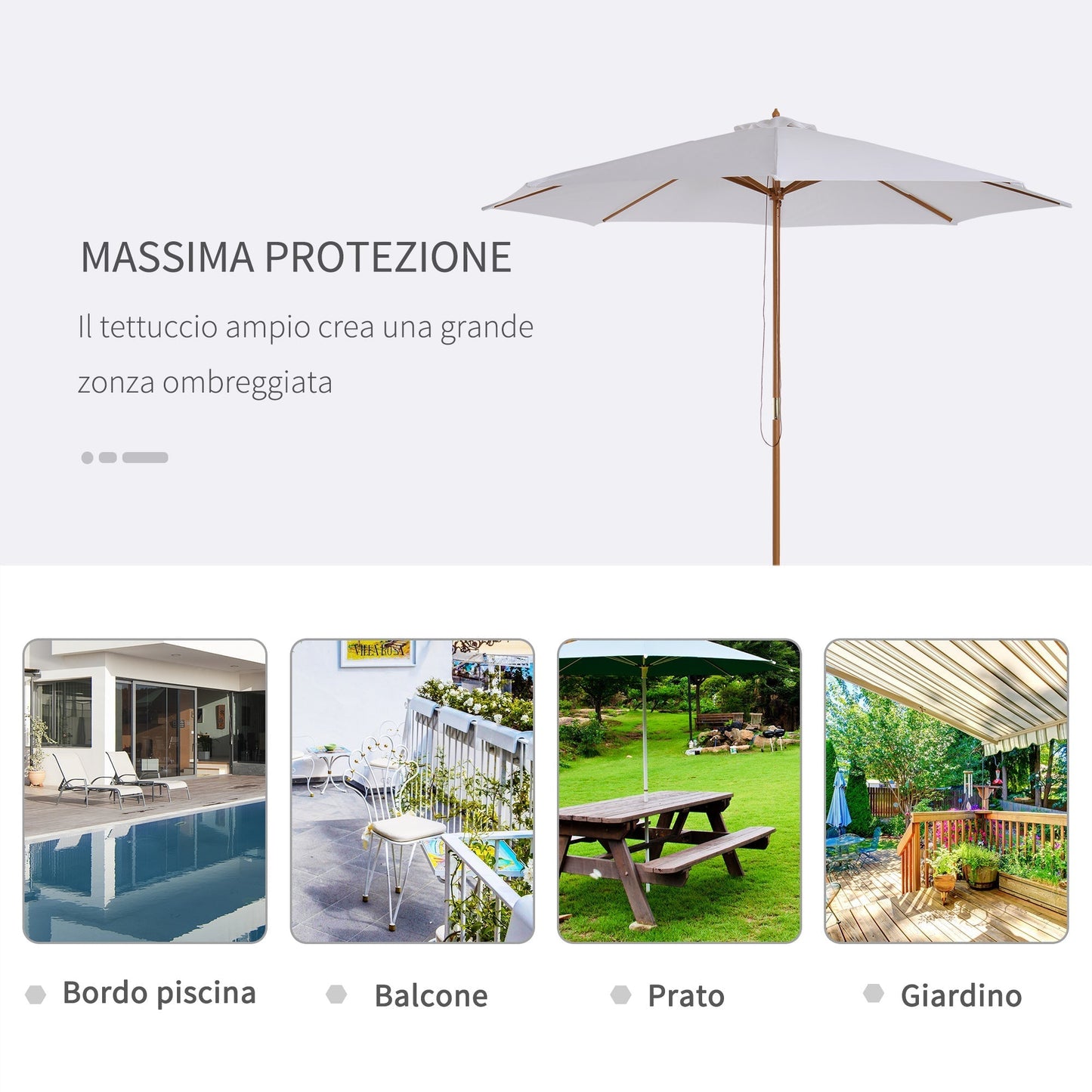 3x2.5 m Garden Umbrella with 8-Ribbed Wooden Pole, Made of Bamboo, Wood and Polyester, White