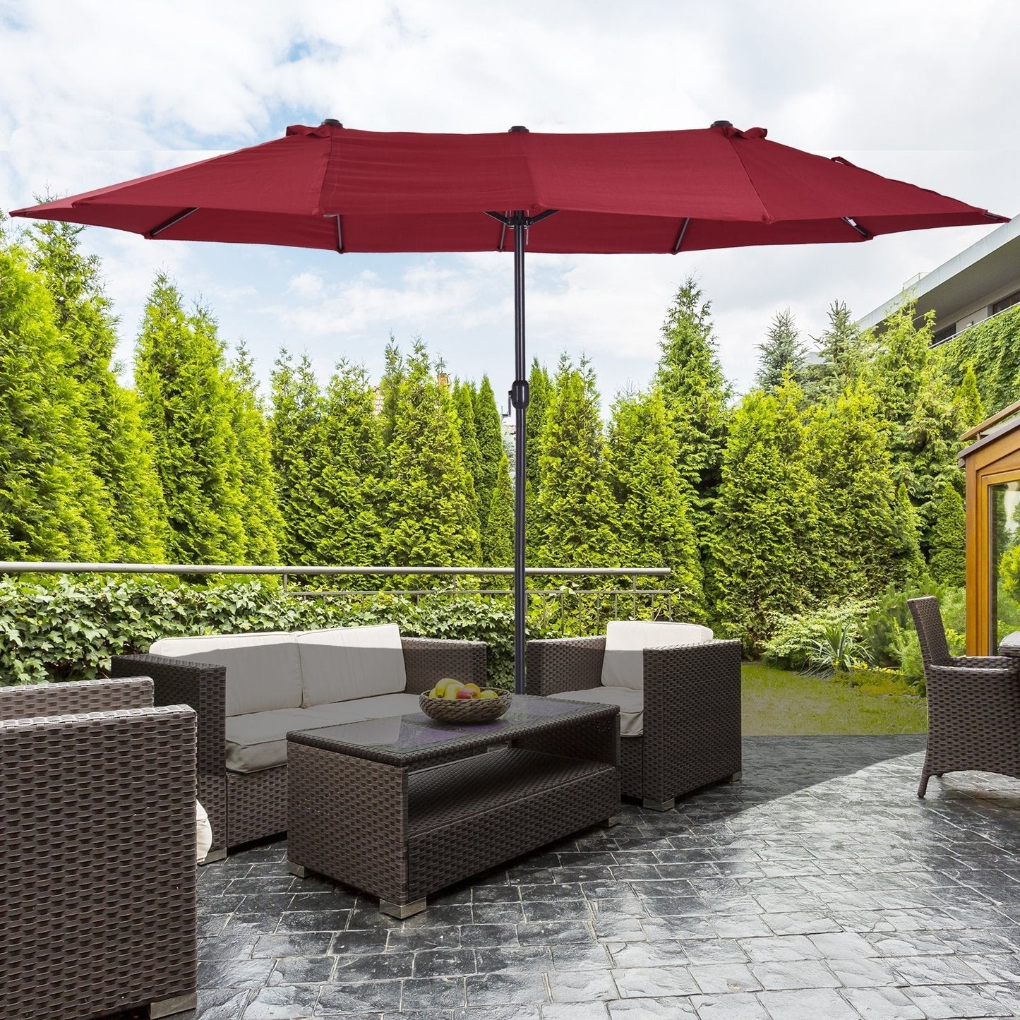 Double Garden Umbrella with Crank Opening, in Steel and Polyester, 460x270x240 cm, Red