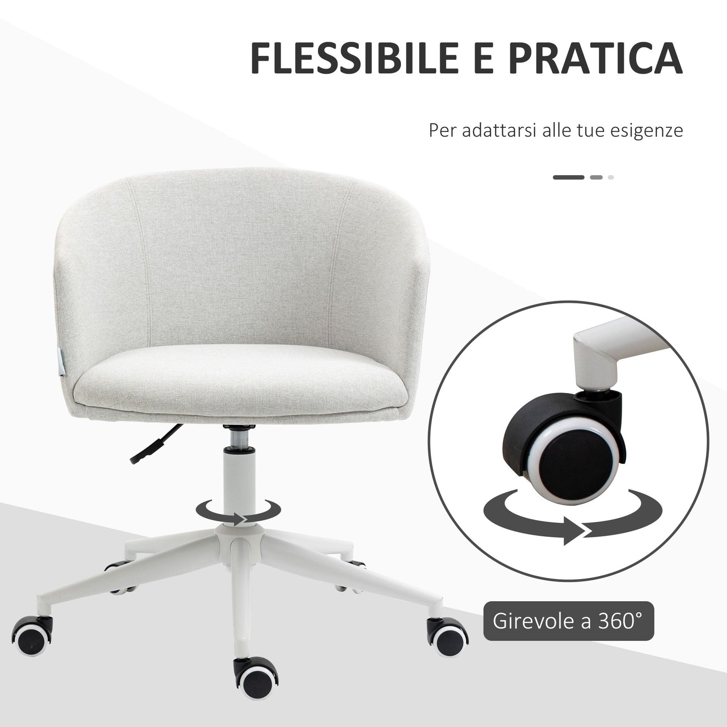 Height Adjustable Office Chair with Wheels and Swivel Fabric Seat, Light Grey