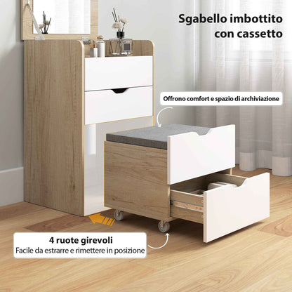 3-in-1 Dressing Table with Mirror, Storage, 2 Drawers and Stool, Wooden, 50x40x78 cm, White and Oak
