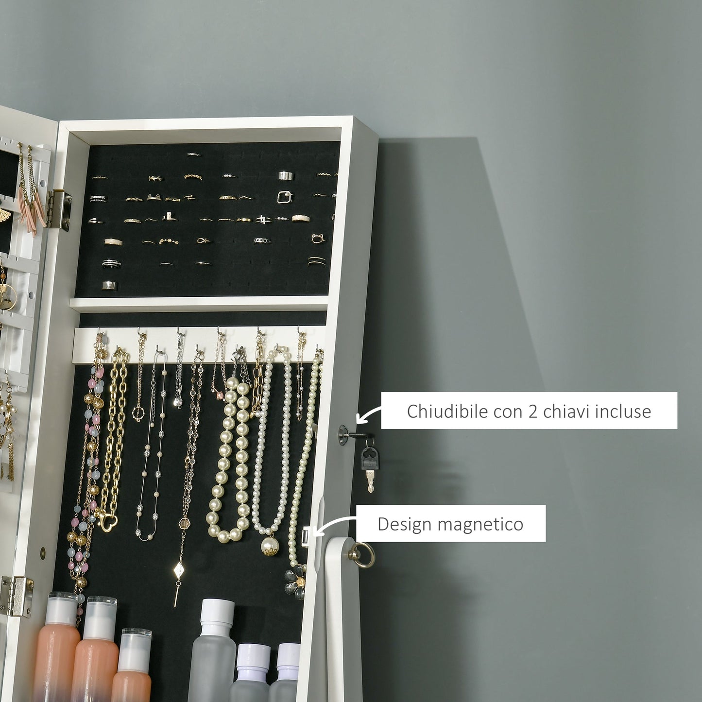 Lockable Jewelry Cabinet with Mirror and Organizer for Rings, Necklaces and Earrings, White