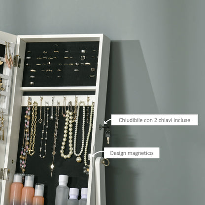 Lockable Jewelry Cabinet with Mirror and Organizer for Rings, Necklaces and Earrings, White