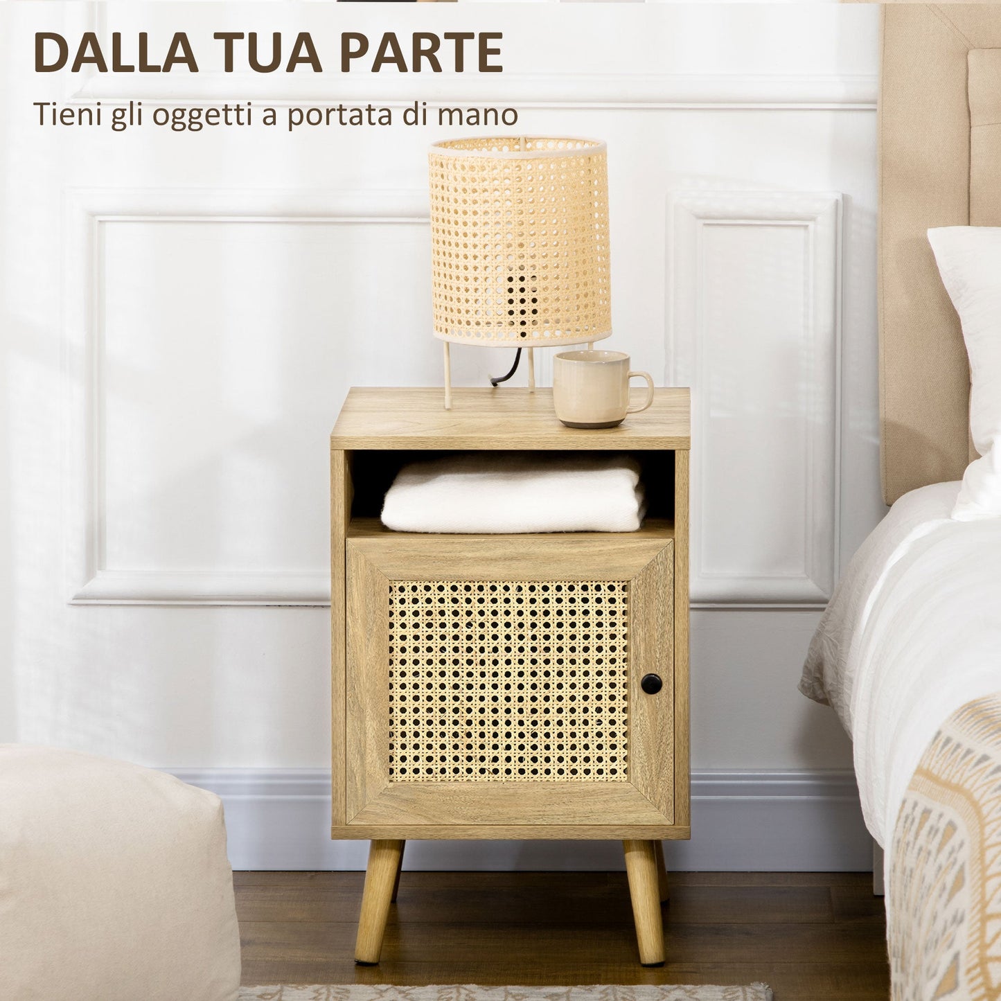 Boho Style Bedroom Bedside Table with Cabinet and Open Shelf in Wood and Rattan, 39x35x60 cm