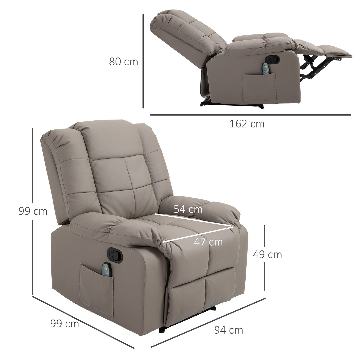 Relax Armchair with 8 Massage Points and 165° Reclining in Faux Leather, Grey