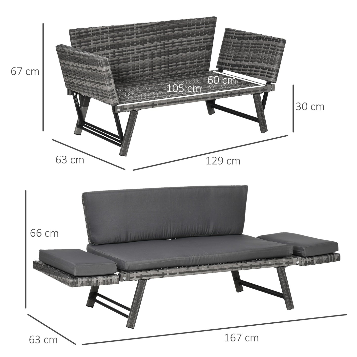 2 Seater Rattan Garden Sofa with Padding and Folding Armrests, 129x63x67cm, Grey