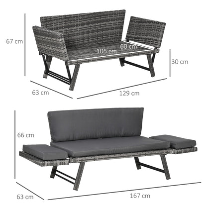 2 Seater Rattan Garden Sofa with Padding and Folding Armrests, 129x63x67cm, Grey