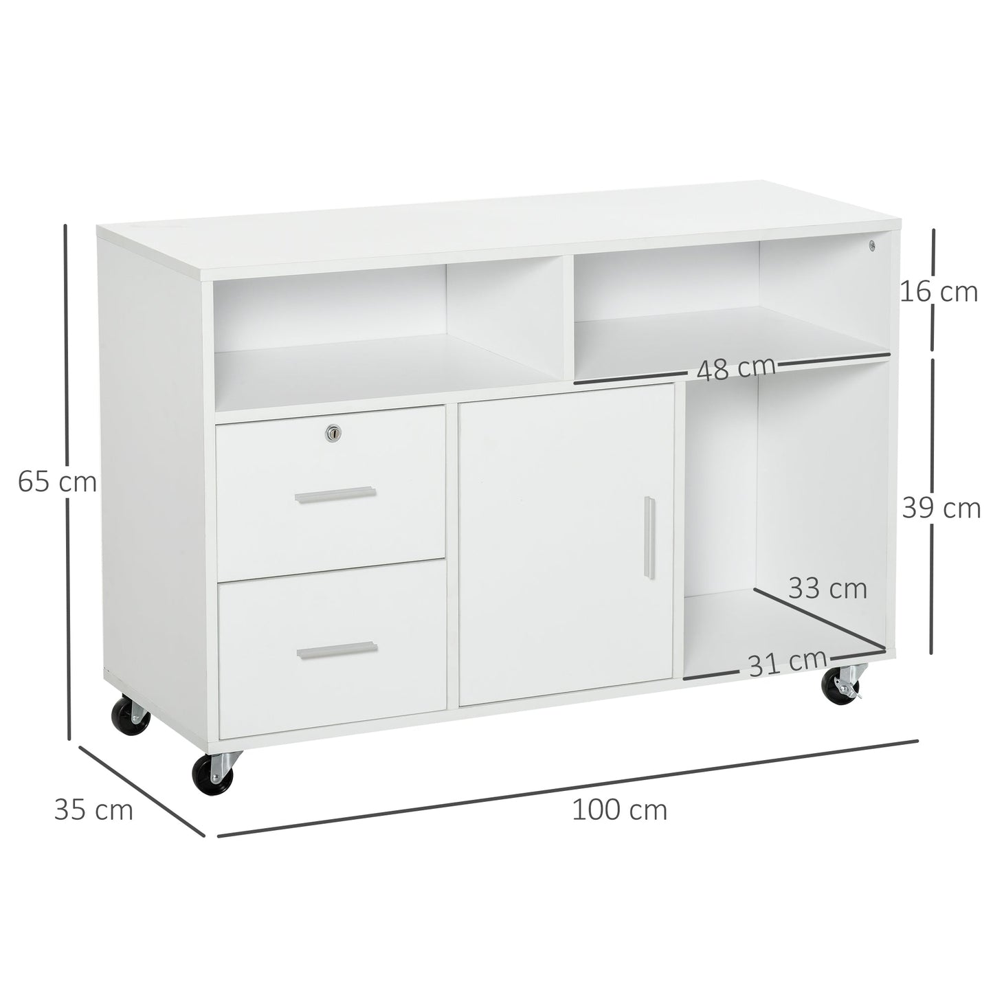 Printer Stand with Drawers, Multipurpose Cabinet for Office and Home, White, 100x35x65cm