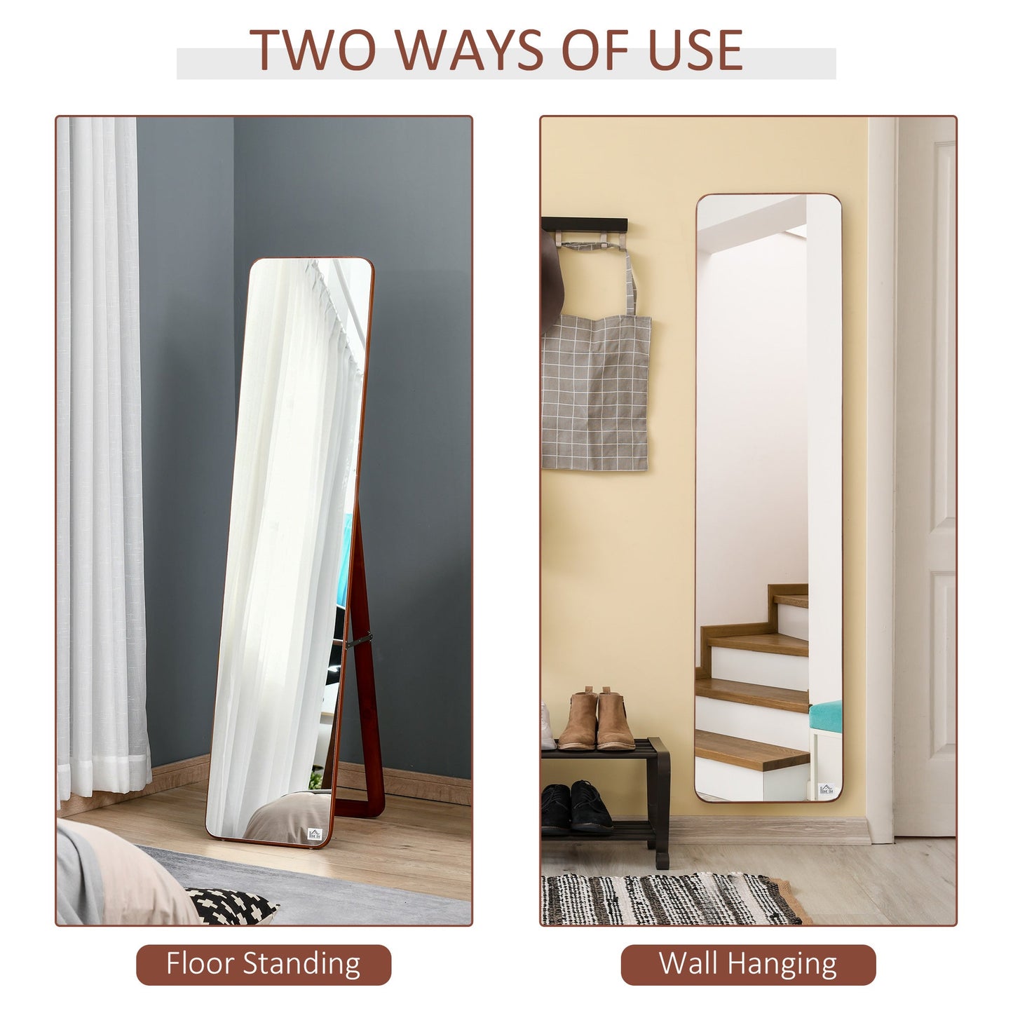 Floor and Wall Mirror with Wooden Frame, Folding Stand with Hinges, 37x43x156cm, Light Walnut