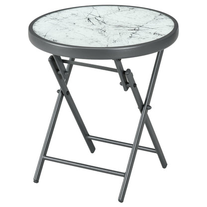 Folding Garden Coffee Table with Marble Effect Glass Top, Ø45x50cm, Grey