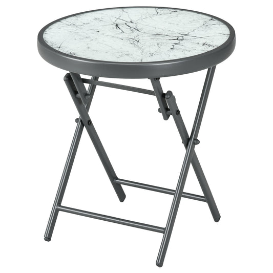 Folding Garden Coffee Table with Marble Effect Glass Top, Ø45x50cm, Grey