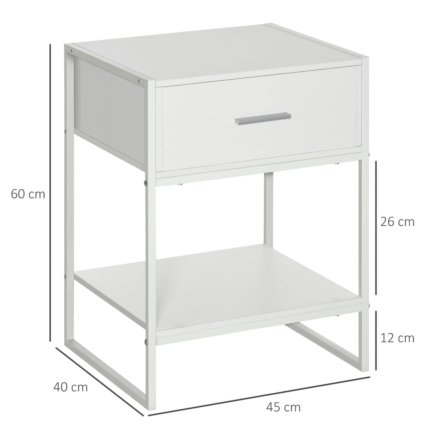 Set of 2 Modern Bedside Tables, 2 Nightstands for Bedroom and Living Room, with Drawer and Open Shelf, Modern Design, in MDF and Steel, 45x40x60cm, White