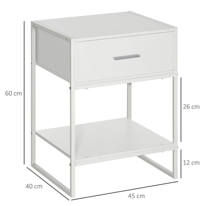 Set of 2 Modern Bedside Tables, 2 Nightstands for Bedroom and Living Room, with Drawer and Open Shelf, Modern Design, in MDF and Steel, 45x40x60cm, White